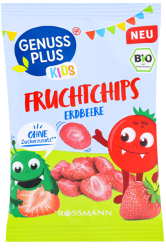 Saszetka Genuss Plus Kids Chipsy truskawkowe, z potworkiem, truskawką i owocami, BIO, bez cukru.