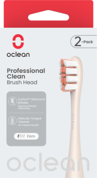 Oclean Professional Clean Brush Head, 2-Pack, białe z pomarańczowymi włoskami DuPont, widok z przodu opakowania.