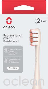 Oclean Professional Clean Brush Head, 2-Pack, białe z pomarańczowymi włoskami DuPont, widok z przodu opakowania.