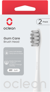 Oclean Gum Care Brush Head 2-Pack, białe końcówki w opakowaniu z opisem 'Extra Soft Bristles'.
