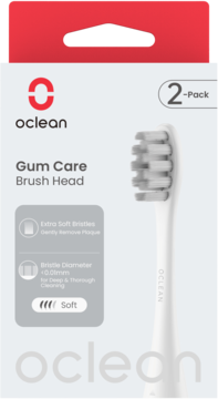 Oclean Gum Care Brush Head 2-Pack, białe końcówki w opakowaniu z opisem 'Extra Soft Bristles'.