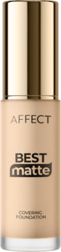 Matujący podkład do twarzy Affect Best Matte Covering Foundation w beżowej butelce ze złotą zakrętką, widok z przodu.