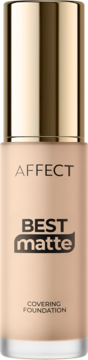 Matujący podkład Affect Best Matte Covering Foundation w beżowej butelce ze złotą nakrętką, widok frontalny.