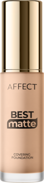 Matujący podkład Affect Best Matte Covering Foundation w beżowej butelce z złotą zakrętką, widok z przodu.