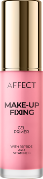 AFFECT Make-Up Fixing Gel Primer w różowej butelce ze złotą zakrętką, widok z przodu, z peptydem i witaminą C.