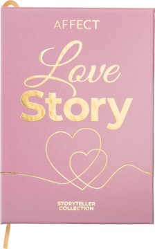 Różowa paleta cieni Affect Love Story Storyteller Collection, przypominająca książkę, ze złotymi napisami i sercami.