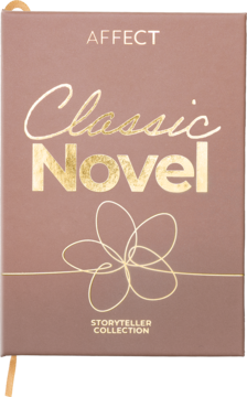 Affect Classic Novel eyeshadow palette. Zamknięte brązowe opakowanie z napisem 'Classic Novel' w złotym kolorze i kwiatowym wzorem.