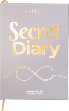 Affect Secret Diary paleta cieni Storyteller, szaro-lawendowa w kształcie książki, złoty napis i symbol, widok z przodu.