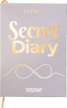 Affect Secret Diary paleta cieni Storyteller, szaro-lawendowa w kształcie książki, złoty napis i symbol, widok z przodu.