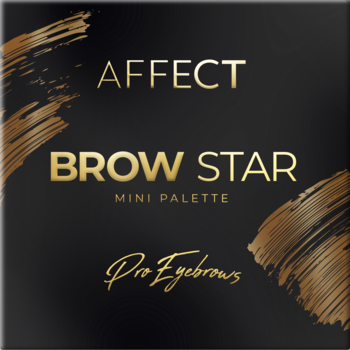 Affect Brow Star mini paleta cieni do brwi, czarne opakowanie ze złotymi pociągnięciami pędzla i napisami.