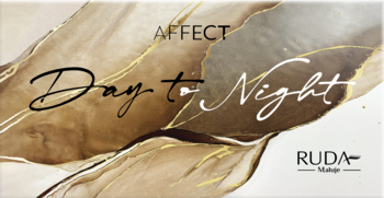 Grafika palety cieni Affect Day to Night: abstrakcyjne złoto-brązowe fale, napis „Day to Night”, logo Ruda Maluje.