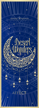 Affect Desert Wonders paleta cieni, głęboki błękit z arabskimi wzorami, złotym księżycem i latarniami. Przód opakowania.