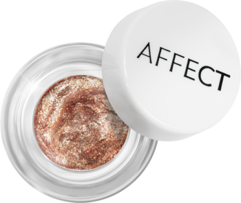 Otwarty cień w musie Affect Eyeconic Mousse E-0006 Fame, złoto-bordowy z drobinkami, obok białe wieczko.