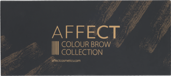 Reklama palety Affect Colour Brow Collection: złoty napis na ciemnym tle z artystycznymi, złotymi smugami.