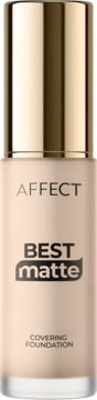 Beżowy podkład Affect Best Matte Covering Foundation, matujący, w butelce ze złotą nakrętką, widok z przodu.