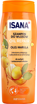 Pomarańczowy szampon Isana Oil Repair z Olejem Marula do włosów suchych, widok z przodu, z ilustracją owoców.