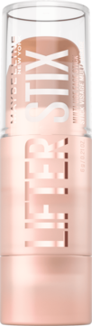 Maybelline Lifter Stix, peachy-nude highlighter stick in rose gold packaging, with clear cap, front view.