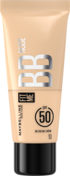 Maybelline New York Fit Me Nude BB krem SPF 50 w beżowej tubce, widok z przodu.