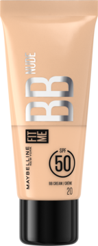 Tubka kremu BB Maybelline Fit Me Nude SPF 50 w kolorze beżowym, z czarną nakrętką, widok z przodu.