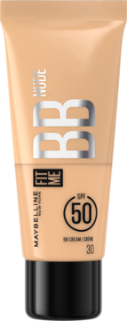 Maybelline Fit Me Nude BB Cream SPF 50 w beżowej tubce, widok z przodu, z czarną nakrętką i napisem Nude.