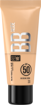 Maybelline Fit Me Nude BB Cream SPF 50 w beżowej tubce, widok z przodu, z czarną nakrętką i napisem Nude.