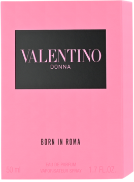 Różowe pudełko perfum Valentino Donna Born in Roma 50 ml, z czarnym prostokątem i logo, widok z przodu.
