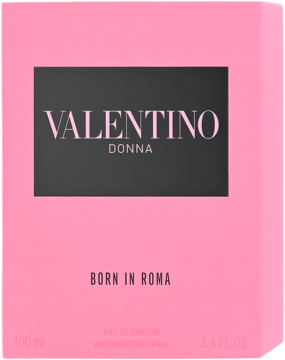 Różowe pudełko perfum Valentino Donna Born in Roma z czarnym prostokątem i napisem, widok z przodu.