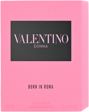 Różowe pudełko perfum Valentino Donna Born in Roma z czarnym prostokątem i napisem, widok z przodu.