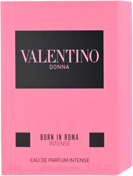 Różowe pudełko perfum Valentino Donna Born In Roma Intense 50 ml, z czarnym napisem, widok z przodu.