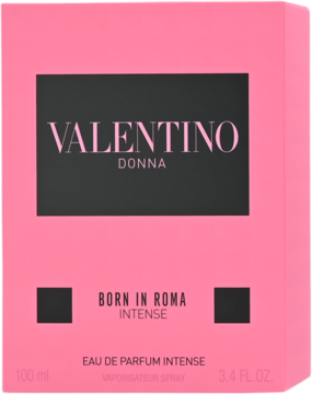 Valentino Donna Born In Roma Intense EDP w różowo-czarnym opakowaniu 100 ml, z dużym logo na przodzie.