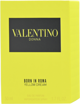 Żółte pudełko perfum Valentino Donna Born In Roma Yellow Dream 50ml, widok z przodu pod lekkim kątem.