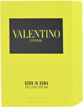 Żółte pudełko perfum Valentino Donna Born In Roma Yellow Dream 50ml, widok z przodu pod lekkim kątem.