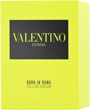 Valentino Donna Born In Roma Yellow Dream, damska woda perfumowana 100ml w jaskrawożółtym pudełku, widok z przodu.