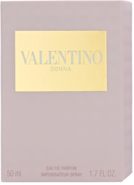 Valentino Donna, damska woda perfumowana 50 ml. Pudrowo-różowe pudełko z złotym prostokątem, przód.