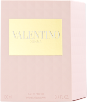 Damska woda perfumowana Valentino Donna w jasnoróżowym pudełku ze złotą etykietą, widok z przodu pod kątem.