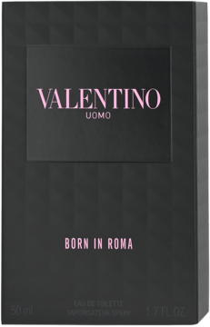 Męska woda toaletowa Valentino Born In Roma Uomo, czarne opakowanie z różowymi napisami, widok z przodu.