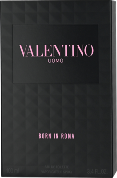 Czarne opakowanie męskiej wody toaletowej Valentino Uomo Born In Roma, 100 ml, z różowym napisem i wytłaczanymi wzorami.