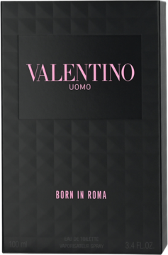 Czarne opakowanie męskiej wody toaletowej Valentino Uomo Born In Roma, 100 ml, z różowym napisem i wytłaczanymi wzorami.