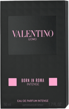 Valentino Uomo Born in Roma Intense, czarne matowe pudełko z intensywnymi różowymi napisami, widok z przodu.