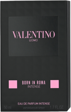 Valentino Uomo Born in Roma Intense, czarne matowe pudełko z intensywnymi różowymi napisami, widok z przodu.