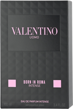 Czarne pudełko perfum Valentino Uomo Born in Roma Intense 100 ml. Różowe napisy, geometryczny wzór, widok przód.