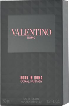 Pudełko Valentino Uomo Born In Roma Coral Fantasy EDT 50ml. Ciemne, geometrycznie fakturowane, z różowym logo.