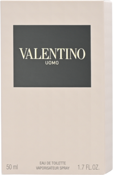 Frontowe ujęcie wody toaletowej Valentino Uomo 50 ml. Jasnobeżowe pudełko z ciemnoszarym panelem, napisem Valentino Uomo.