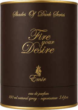 Woda perfumowana Emir Fire Your Desire, ciemnobrązowe cylindryczne opakowanie z serii Shades Of Dark i złotymi detalami.