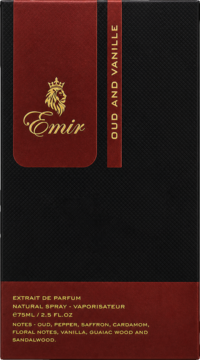 Perfumy Emir Oud i Vanille, czarno-czerwone pudełko z logo lwa, widok z przodu, pojemność 75ml.