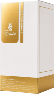 Perfumy Emir Super Crush 125ml w białym pudełku ze złotymi akcentami, widok przód-bok, pionowo.