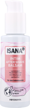 Biała butelka z pompką Isana Intim After Shave Balsam, różowa etykieta, napisy, logo vegan, widok z przodu.