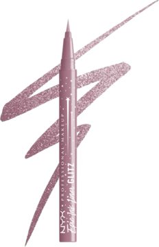 Metaliczny eyeliner NYX Epic Ink Liner Glitz Shimmer Stitch w pisaku, obok szerokiej, brokatowej smugi.