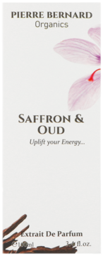 Pierre Bernard Organics Saffron & Oud Extrait De Parfum, białe pudełko z kwiatem szafranu, widok z przodu.