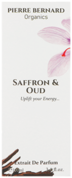 Pierre Bernard Organics Saffron & Oud Extrait De Parfum, białe pudełko z kwiatem szafranu, widok z przodu.